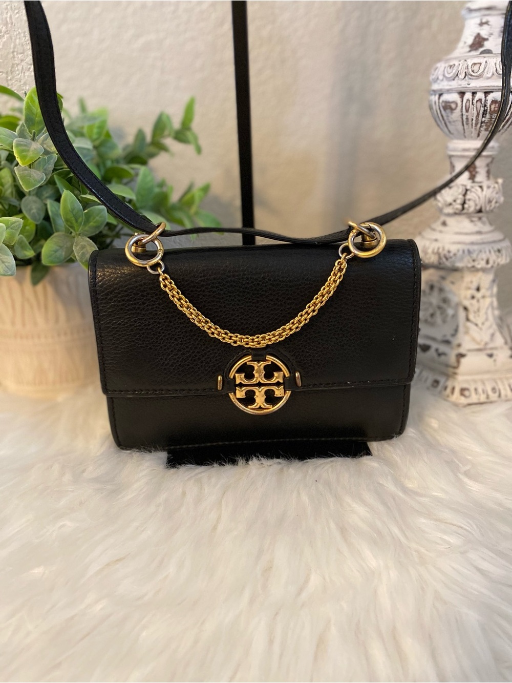 Tory Burch Black Leather Crossbody with Gold Logo and Chain